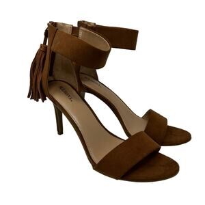 Merona Kelly Ankle Strap Heeled Sandals Women's Size 9 Brown Faux Suede Fringe